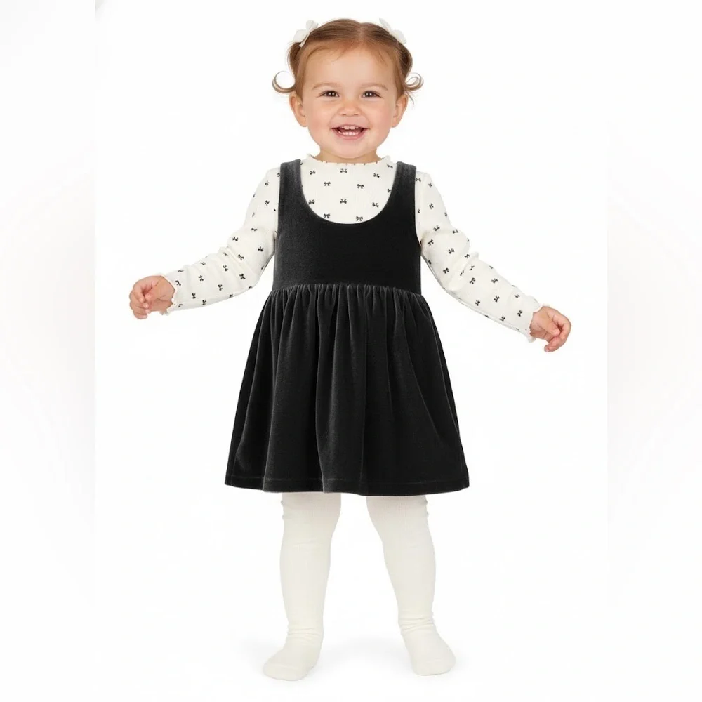 Carter’s Adorable Black Dress with White Long Sleeve Toddler Girl  Set 3 Pieces